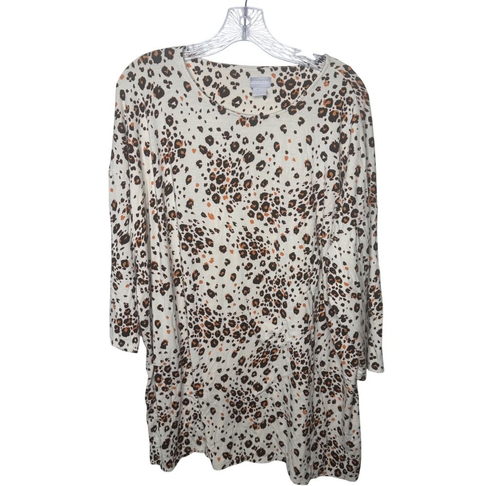 Chicos Leopard Print 3/4 Sleeve Tunic Top Cream Brown Orange Womens‎ Size 3 XL